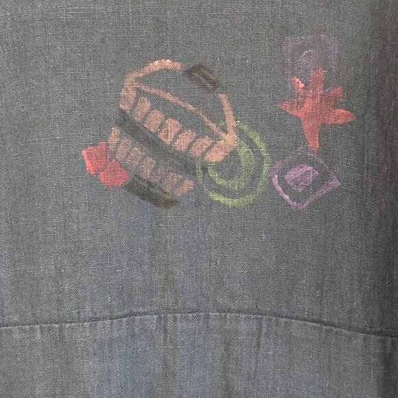 Vintage Lucky & Izzy M/L Linen Long Sleeve Dress Hand Painted Wearable Art Boho - Picture 6 of 10